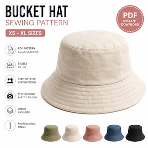 Puede incluir: Un patrón de costura para sombrero de pescador beige con el texto BUCKET HAT SEWING PATTERN, PDF INSTANT DOWNLOAD y XS-XL SIZES. Los iconos indican patrón PDF, 5 tallas, instrucciones paso a paso, guía fotográfica, forro y acabado profesional. Cinco sombreros pequeños en oliva, beige, rosa, azul y negro se muestran debajo.