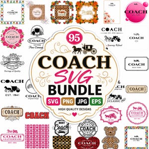 Könnte beinhalten: Eine digitale Sammlung von 95 Coach-Markenlogos und grafischen Mustern in verschiedenen Stilen, darunter Kutschenmotive, florale Ränder und textbasierte Embleme, zusammengefasst als Paket in den Dateiformaten SVG, PNG, JPG und EPS.