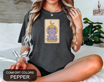 Tarot Cat Shirt, Chibi Cat Meditation Tee, Comfort Colors Spiritual Anime Shirt, Moon Tarot Card Gift, Kawaii Cat Lover Gift Tee