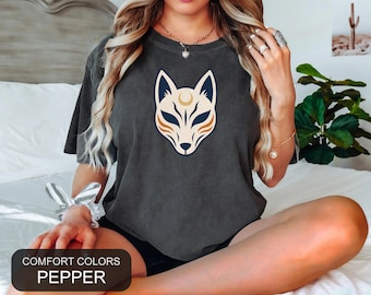 Fox Mask Shirt, Kitsune Moon Tee, Comfort Colors Anime Spiritual Shirt, Celestial Crescent Graphic Tee, Lunar Mystic Aesthetic Gift