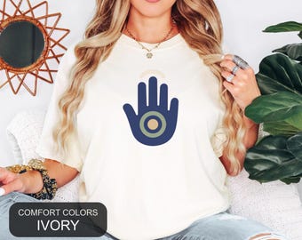 Palm Eye Icon Shirt, Comfort Colors Spiritual Tee, Minimal Mystic Left Chest Graphic Tee, Boho Amulet Top, Meditation Yoga Gift