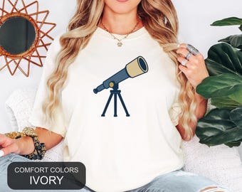 Telescope Shirt, Stargazing Tee, Astronomy Lover Gift, Comfort Colors Left Chest Design, Minimalist Night Sky Shirt for Stargazers