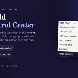 Op de afbeelding: Een digitale productadvertentie voor het Household CFO Control Center, met een donkerblauwe achtergrond, witte tekst, een gele knop met de tekst Get the Skill en een lijst met tools zoals Debt Payoff Plan en Mortgage Calc.