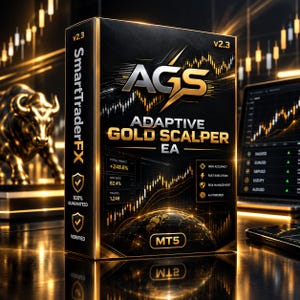 Könnte beinhalten: Eine schwarze rechteckige Softwarebox mit der Aufschrift AGS Adaptive Gold Scalper EA v2.3 in goldener Schrift und Grafik. Die Box zeigt einen Globus, Börsencharts und Leistungsstatistiken, darunter 248,6% Gewinn und 82,4% Gewinnrate für MT5.