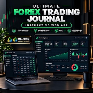 Puede incluir: Un diario de trading de Forex digital mostrado en una computadora portátil y un monitor de escritorio. Las pantallas muestran paneles financieros con gráficos, datos comerciales y métricas. El texto dice Ultimate Forex Trading Journal.