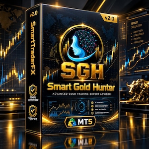 Peut inclure: Une boîte de logiciel rectangulaire noire étiquetée SmartTraderFX v2.0 Smart Gold Hunter. L'avant présente un logo SGH doré, une icône de tête numérique bleue et du texte incluant Advanced Gold Trading Expert Advisor, 100% Guaranteed, Verified et MT5.