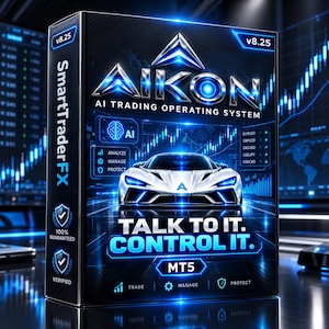 Könnte beinhalten: Eine rechteckige Softwarebox für das AIKON AI Trading Operating System v8.25. Die schwarze Box zeigt einen weißen Sportwagen, blaue Neonakzente und Text, darunter SmartTraderFX, MT5 und den Satz Talk to it. Control it. mit Handels-, Verwaltungs- und Schutzsymbolen.