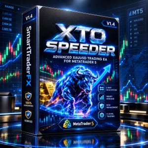 Puede incluir: Una caja de software negra para XTO SPEEDER, un EA de trading XAUUSD avanzado para MetaTrader 5. La caja presenta un toro azul brillante, lingotes de oro y texto que incluye 2-way DCA system, smart hedging, risk management y 5-level trading.