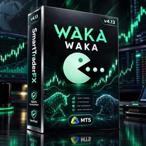 Peut inclure: Une boîte de logiciel noire pour Waka Waka v4.13 avec un graphique vert de style Pac-Man, une illustration de taureau et d'ours, et le texte SmartTraderFX. La boîte inclut des icônes pour le trading intelligent, l'IA, la gestion des risques.