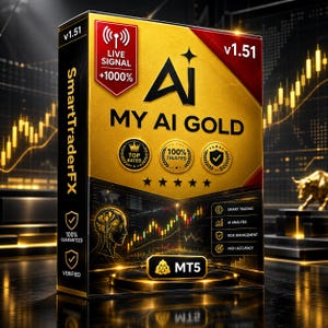 Puede incluir: Una caja de producto rectangular dorada y negra etiquetada como MY AI GOLD v1.51. La caja presenta una insignia de Live Signal +1000%, la marca SmartTraderFX, una silueta de cabeza humana con un gráfico cerebral, gráficos bursátiles y el texto MT5.
