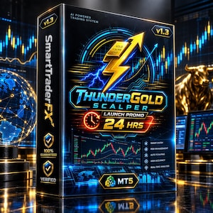 Może przedstawiać: Czarne, prostokątne pudełko z oprogramowaniem SmartTraderFX ThunderGold Scalper v1.3. Z przodu znajduje się złota błyskawica, ikona zegara oraz napis Launch Promo 24 Hrs. Zawiera branding MT5, wykres giełdowy oraz listę funkcji oprogramowania.