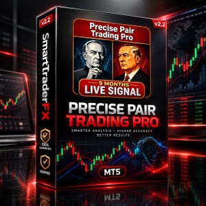 Op de afbeelding: Een zwarte rechthoekige softwaredoos voor Precise Pair Trading Pro v2.2. De voorzijde bevat twee portretten, de tekst 9 MONTHS LIVE SIGNAL en een digitale stierafbeelding. De zijkant toont SmartTraderFX met iconen en MT5-branding.