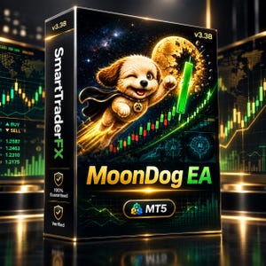 May include: A black rectangular software box labeled SmartTraderFX MoonDog EA v3.38. The front features a cartoon puppy wearing a cape flying toward a moon and a green candlestick chart. Includes MT5 branding, 100% Guaranteed, and Verified icons.