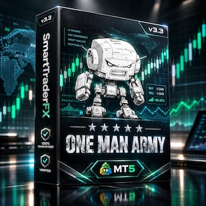 May include: A black software box for SmartTraderFX v3.3 featuring a white line-art robot illustration. The box displays the text ONE MAN ARMY, MT5, and 100% GUARANTEED VERIFIED. It includes financial trading data, buy and sell prices, and percentages.