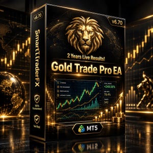 Peut inclure: Une boîte de logiciel rectangulaire noire étiquetée Gold Trade Pro EA v6.70 avec un emblème de lion doré. Le devant affiche un graphique boursier, 248,56 % de profit total, 78,4 % de taux de réussite, 342 transactions et la marque MT5.