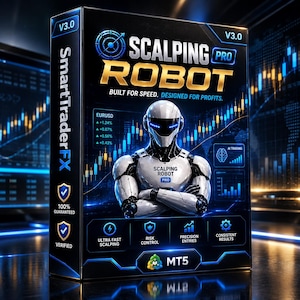 May include: A black rectangular software box for Scalping Robot Pro V3.0, featuring a white robotic figure with glowing blue eyes. The box displays text including SmartTraderFX, MT5, and trading metrics against a blue financial chart background.