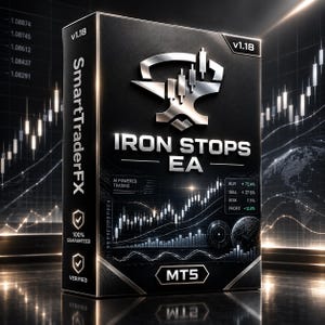May include: A black rectangular software box labelled Iron Stops EA with a silver anvil logo. The front features a financial candlestick chart, AI powered trading text, and a data panel showing buy, sell, risk, and profit percentages. MT5 is printed at the bottom.
