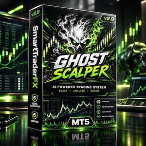 以下が含まれることがあります： AI搭載トレーディングシステム「Ghost Scalper」バージョン2.9の黒い長方形の箱。前面には緑と白のドクロのグラフィック、SmartTraderFX、MT5の文字が描かれています。AI分析やリスク管理を示すアイコンが含まれています。