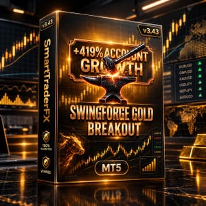 May include: A black rectangular software box labeled SmartTraderFX SwingForge Gold Breakout v3.43. The front features a glowing anvil and hammer graphic, text reading +419% ACCOUNT GROWTH, a wireframe bull, and MT5 branding with gold accents.