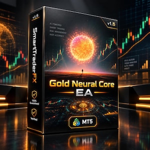 Pode incluir: Uma caixa de software retangular preta rotulada como SmartTraderFX Gold Neural Core EA v1.5. A frente apresenta um sol laranja brilhante, uma silhueta e um ícone de cérebro. O texto inclui AI Powered, Smart Trading, Risk Management, High Accuracy e MT5.
