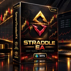 May include: A black rectangular software box labeled SmartTraderFX STRADDLE EA V1.138. The front features a gold and red geometric logo, stock market candlestick charts, and the text 100% GUARANTEED, VERIFIED, and MT5 on a dark background.