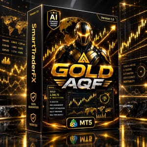 以下が含まれることがあります： SmartTraderFX Gold AQF Version 1.0とラベル付けされた黒い長方形のソフトウェアボックス。前面には金色のロボットのフィギュア、金融チャート、AI Powered Trading System、100% Guaranteed、Verified、MT5などのテキストが記載されています。