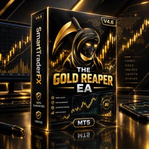 Pode incluir: Uma caixa de software retangular preta rotulada como The Gold Reaper EA V4.6, apresentando um gráfico dourado da morte, gráficos de negociação e texto incluindo SmartTraderFX, Forex, Gold, Indices, Crypto, Stocks, MT5, Smart Entry, Risk Management e AI.
