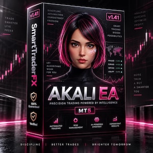 May include: A black rectangular software box for Akali EA trading software featuring a digital illustration of a person with short dark hair and pink highlights. The box displays text including SmartTraderFX, MT5, and various trading metrics.