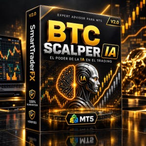 May include: A black rectangular software box labelled BTC SCALPER IA with gold text and graphics. The design features a robotic head, a glowing brain icon, and an upward-trending stock chart. Text includes SmartTraderFX, V2.0, and MT5.