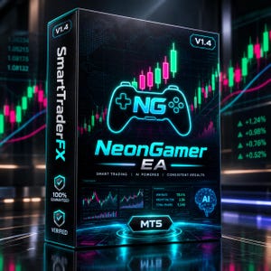 Op de afbeelding: Een zwarte rechthoekige softwaredoos met het label NeonGamer EA, een neonblauw gamecontroller-icoon en roze en groene candlestick-grafieken. De doos bevat tekst zoals SmartTraderFX, V1.4, MT5 en AI powered, samen met een hersenicoon en datagegevens.