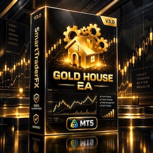 Peut inclure: Une boîte de logiciel rectangulaire noire étiquetée SmartTraderFX Gold House EA V3.0. L'avant présente une icône de maison dorée avec des engrenages, un graphique financier en chandeliers et le logo MT5. Le texte inclut 100% Guaranteed, Verified.