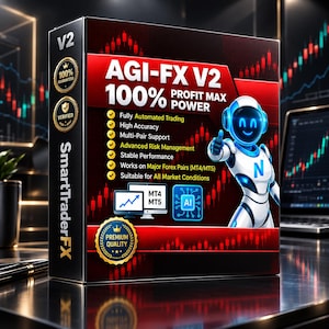Può includere: Una scatola rettangolare per il software AGI-FX V2 con un design rosso e nero e un robot bianco. Il testo recita AGI-FX V2 100% PROFIT MAX POWER, elencando caratteristiche come il trading automatizzato e la compatibilità con MT4/MT5.