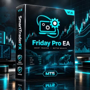 May include: A black software box for Friday Pro EA featuring neon blue graphics, a laptop icon with gears, a bull silhouette, and trading data. The text reads SmartTraderFX, V1.6, Friday Pro EA, Smart Trading, Better Results, 100% Guaranteed, Verified, and MT5.