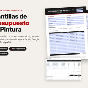 Può includere: Un set di modelli digitali per preventivi di pittura che include un documento PDF compilabile e un calcolatore per Excel o Google Sheets. I documenti contengono campi per i dettagli del progetto, l'ambito del lavoro e i totali in spagnolo.