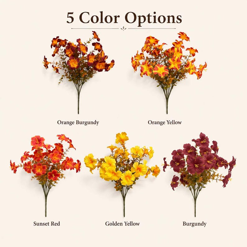 May include: Five artificial flower bouquets labeled 5 Color Options. The bouquets are Orange Burgundy, Orange Yellow, Sunset Red, Golden Yellow, and Burgundy. Each bouquet features multiple small blossoms on thin green stems with small leaves.
