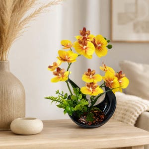 Konstgjorda orkidéarrangemang, konstgjorda krukblommor, halvmåneformad kruka heminredning