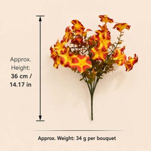 May include: A bouquet of artificial flowers with yellow and red petals and green stems. The text indicates an approximate height of 14.17 inches and an approximate weight of 34 grams per bouquet. The flowers are arranged on thin green stems.