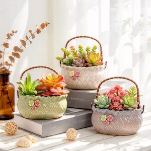 May include: Three ceramic planters with woven-style textures and brown handles, each containing various artificial succulents. The planters are light green, cream, and light purple, and each features small, colorful flower-shaped embellishments.