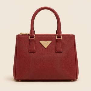 Könnte beinhalten: Eine strukturierte rote Handtasche mit texturierter Oberfläche, zwei Tragegriffen und einem goldfarbenen dreieckigen Emblem auf der Vorderseite. Die Tasche verfügt über einen Reißverschluss oben mit goldener Hardware und eine rechteckige Form.