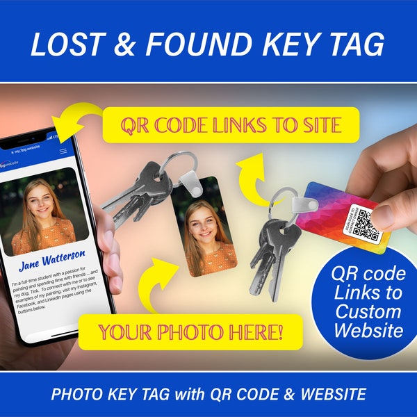 Lost and Found Key Tag Keychain with Personalized Photo and QR Code Link to Custom Website