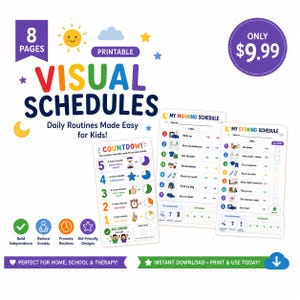 Può includere: Un set di otto pagine di pianificazione visiva stampabili per bambini con icone e testo colorati. I fogli includono un grafico per il conto alla rovescia, una lista per la routine mattutina e una per quella serale con passaggi numerati e caselle.