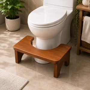 May include: A medium-brown wooden toilet stool with a smooth, curved cutout design. The stool features a rectangular top surface with rounded edges and four sturdy legs, positioned directly in front of a white porcelain toilet base.