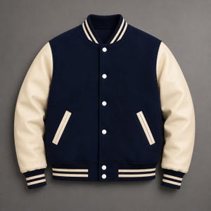 Puede incluir: Una chaqueta estilo universitario azul marino con mangas color crema, cuello acanalado con rayas crema y cierre frontal de botones. La chaqueta incluye dos bolsillos laterales con ribete crema, además de puños y dobladillo acanalados a juego.