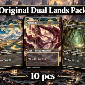 May include: A set of 10 collectible game cards titled Original Dual Lands Pack. The cards feature artistic landscapes labeled Tundra, Badlands, and Bayou with text indicating land types and mana abilities. Each card has a black border and gold accents.