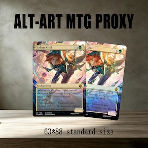May include: Two rectangular trading cards titled Sphere Grid, featuring an illustration of a hooded figure with orange hair. The cards display game text, a green mana symbol, and the text 63*88 standard size. The artwork uses vibrant blue, purple, and gold tones.