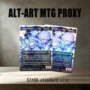 May include: Two rectangular trading cards featuring anime-style character art with blue lightning effects. The cards display the text Killua Zoldyck, Legendary Creature - Human Assassin, and game rules. Each card measures 63 by 88 millimeters in size.