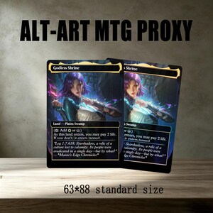May include: Two rectangular trading cards titled Godless Shrine, featuring an illustration of a person with purple hair. The cards include text describing game mechanics and lore, with dimensions of 63 by 88 millimeters printed at the bottom.