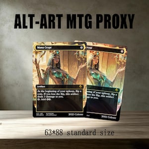 May include: Two rectangular trading cards featuring an illustration of a figure in teal and gold attire. The cards display the text Mana Crypt, artifact, and game rules. Each card measures 63 by 88 millimeters and includes the text 2025 Celeste.