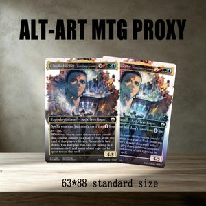 May include: Two rectangular trading cards featuring the character Chrollo Lucilfer with a cross on his forehead, holding an open book. The cards display the text 'Legendary Creature - Aetherborn Rogue', '5/5' power and toughness, and '63*88 standard size'.
