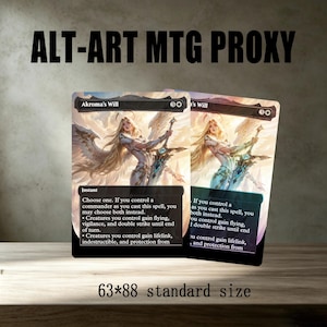 May include: Two rectangular game cards titled Akroma's Will, featuring an illustration of a winged figure holding a sword. The cards display the text ALT-ART MTG PROXY and 63*88 standard size. The cards have black borders and detailed game rules text.
